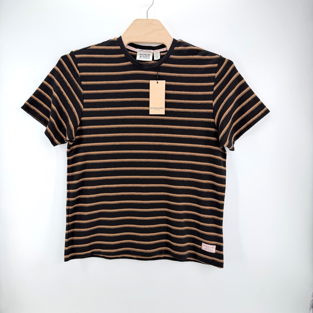 Scotch & Soda Textured Stripe Tee Size L Meteorite Black Tan Casual Designer
